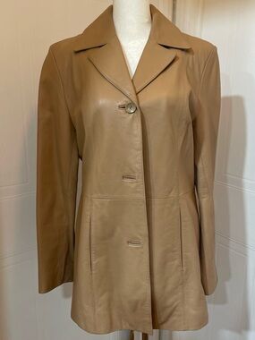 Nine West Womens Tan Leather Button-Front Coat